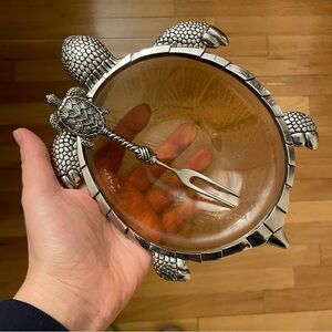 Vintage Turtle Motif Serving Dish/Trinket Tray with Matching Hors D'oeuvres Fork